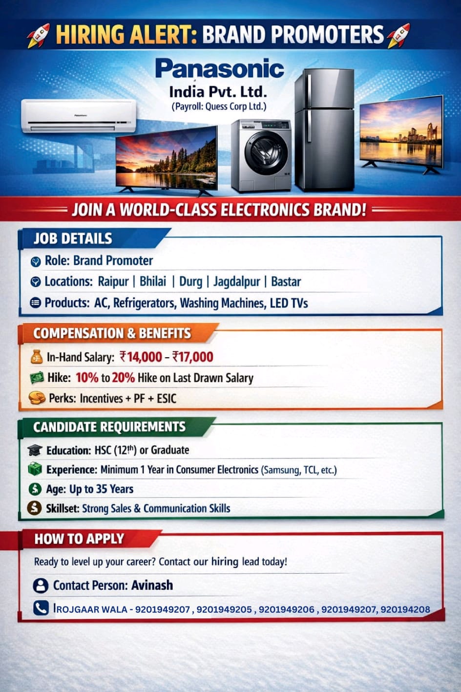 PANASONIC INDIA PVT. LTD COMPANY ME LADKO KI AVSHYAKTA HAI