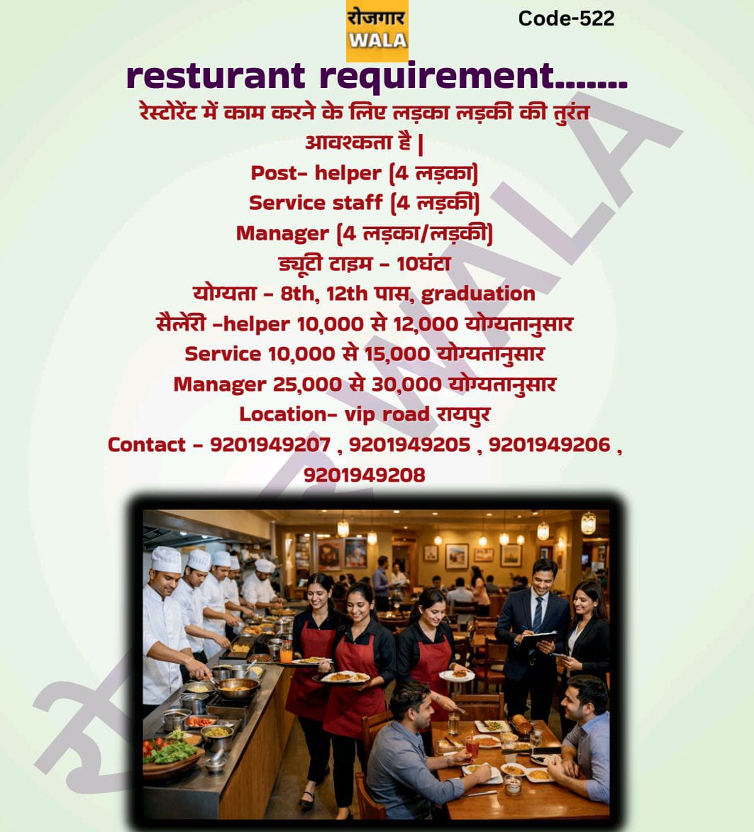 RESTURANT ME HELPER, SERVICE STAFF, MANAGER KI AVASHYAKTA HAI